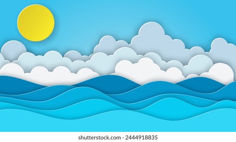 Vista al mar en el cielo claro. corte de papel y estilo artesanal. azul mar olas nubes de aire blanco arte de papel estilo de diseño de cubierta. Ilustración vectorial