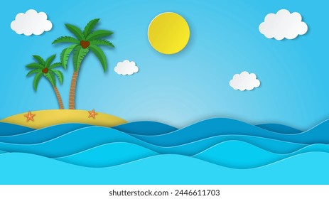 Sea view on clear sky. paper cut and craft style. blue sea waves white air clouds paper art style of cover design. island with palm and coconut. Vector illustration