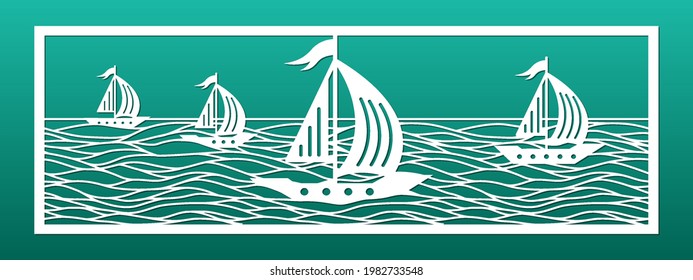 Sea view panel, laser cnc cut stencil. Wall art, home decor, interior screen panel. Ocean landscape with sea waves and sail boats. Wood or metal cut, paper art, card background. Vector illustration