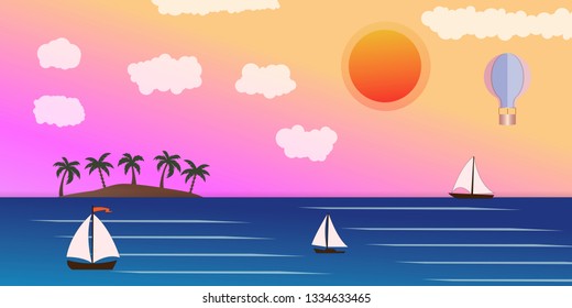 Sea view with sailing boat. Yachting active sport. Summer travel and holidays concept