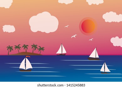 Sea view with sailing boat. Yachting active sport. Summer travel and holidays concept.  