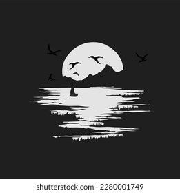 Sea view silhouette design template with sunset, illustration design for t-shirt or poster