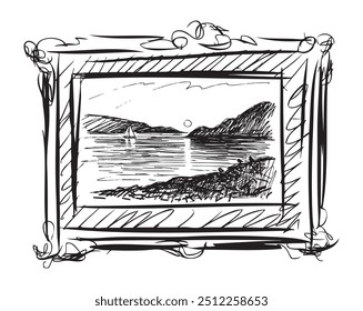 Sea view sketch in picture frame, vector hand drawn illustration isolated on white