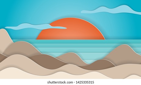 Sea view in summer. View of the blue sea and sunset. Paper cut and craft style. Vector illustration. 9:16 Aspect Ratio HD Format.