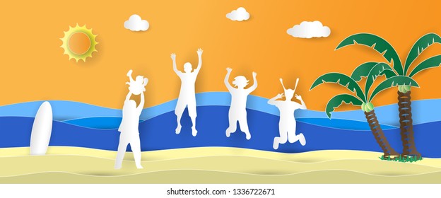 Sea view in summer with happy family and friends jumping on the beach of paper art style