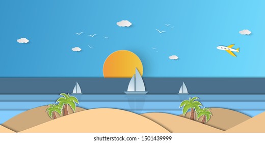 Sea view in summer. Happy time under the sun. paper cut and craft style. vector illustration.Eps10
