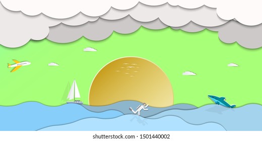 Sea view in summer. Happy time under the sun. paper cut and craft style. vector illustration.Eps10