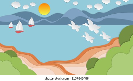Sea view in summer on the beach. view of the blue sea with the boat and mountain. summer time. sea with the beach and flying birds. paper cut and craft style. vector, illustration.