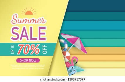 Sea view and Summer sale banner design with paper cut. And equipment used. And in the tropical and colors of modern and beautiful And can be used as an illustration or background