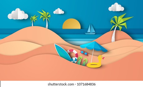 Sea view in summer with water play equipment placed on the beach. view of the blue sea. summer time. sea with beach. paper cut and craft style. vector, illustration.