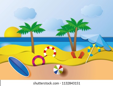 Sea view in summer with water play equipment placed on the beach. view of the blue sea. summer time. sea with beach. paper cut and craft style. vector, illustration