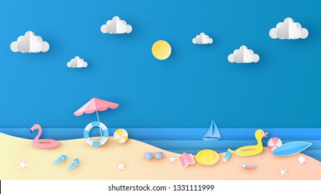 Sea view in summer with water play equipment placed on the beach. Summer time. paper cut and craft style. vector, illustration.