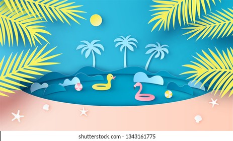 Sea view in summer with water play equipment floating in the sea and tropical tree on foreground. paper cut and craft style. vector, illustration.