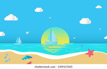 Sea view in summer with water play equipment placed on the beach. view of the blue sea. summer time. sea with beach. paper cut and craft style. vector, illustration. - Vector