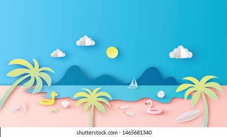 Sea view in summer with water play equipment placed on the beach. Summer time. paper cut and craft style. vector, illustration.