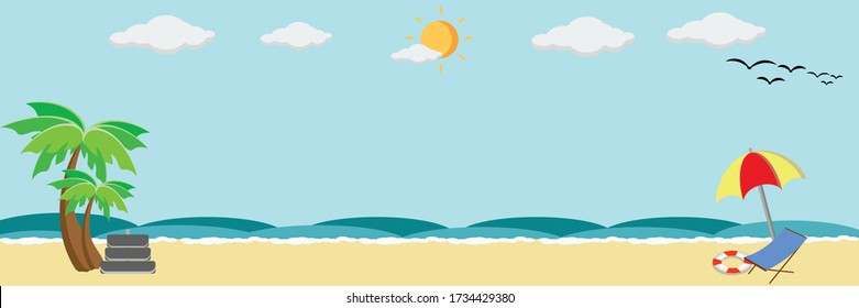 Sea view in summer with water play equipment placed on the beach. view of the blue sea. summer time. sea with beach. paper cut and craft style. vector