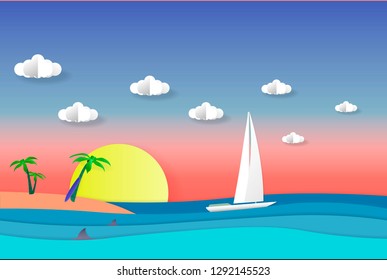 Sea view in summer. white yacht sailing. summer time. sea with beach. paper cut and craft style. illustration