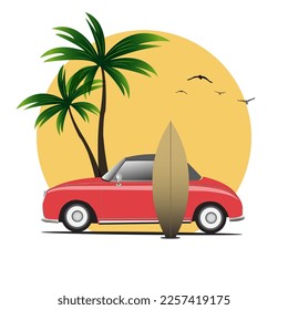 Sea view vector illustration with coconut trees and cars as backdrop