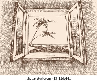 Sea view from window vector hand drawing