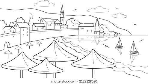 Sea view with yachts, houses and Beach umbrella. Landscape black and white illustration in line art style
