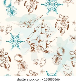 Sea vintage seamless pattern with sailing ship anchor seagulls vector illustration