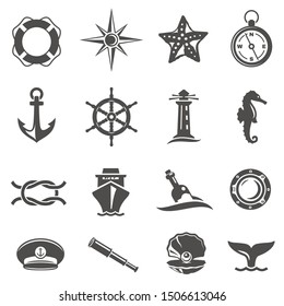 Sea voyage accessories glyph vector icons set. Sailors tools, nautical silhouette symbols isolated on white background. Captains cap, ship and anchor. Underwater animals black illustrations pack