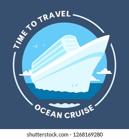 Sea voyage advertising poster with text time to travel, ocean cruise. Vector cartoon flat style illustration, blue sea with a liner.