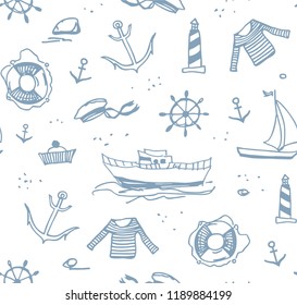 Sea voyage, gray drawings on a white field. The profession of a sailor. 