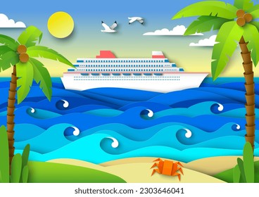 Sea voyage on luxury cruise liner vector illustration in creative papercut style. Tropical sand beach with palm trees over seascape background with touristic passenger ship