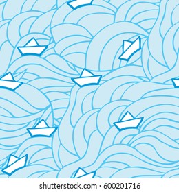 Sea voyage pattern. Paper boat seamless pattern. Print for fabric or wallpaper. Sea boat pattern. Seamless print for kids. Vector abstract background. Origami. Sea waves print.