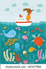 sea voyage with a rabbit on a ship. Dear hare. sea creatures