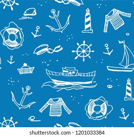 Sea voyage, white drawings on a blue field. The profession of a sailor. 