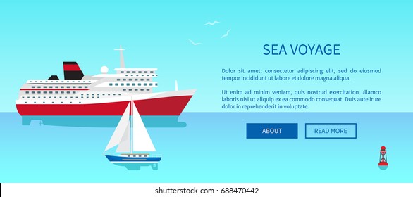 Sea voyages promotional poster, modern yacht for sea walk and cruise liner internet page with description vector illustration. Vessels on calm water surface.