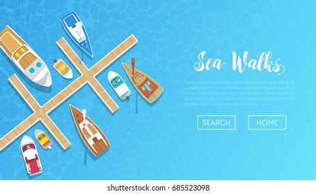 Sea Walks Banner with Yachting Tour Advertisement. Yachts and Boat Trip. Beach Vacation. Vector illustration