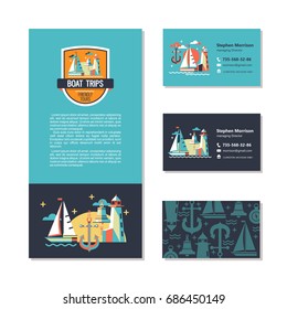 Sea walks on the yacht. The rest of the sea. Vector design of the flyer and business cards. Logo, pattern.