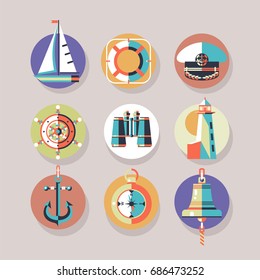 Sea walks on the yacht. Vector icons. The rest of the sea. Yacht, compass, binoculars, lighthouse, ship's bell, ships wheel, compass, cap, captain, life buoy