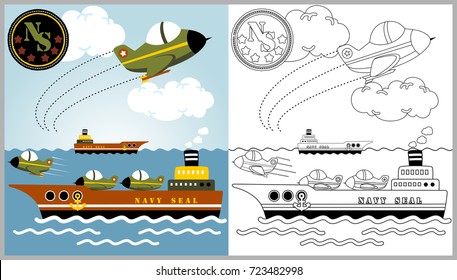 sea war fleet cartoon, vector cartoon illustration, coloring book or page