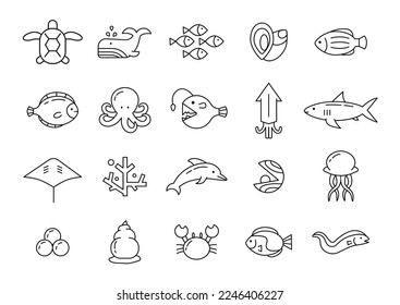 Sea water animal icons. Marine fish. Turtle and whale. Seafood line symbols. Anglerfish and shellfish. Octopus and shell. Lobster in coral. Vector illustration recent pictograms set