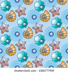 Sea Water animal. seamless pattern of Sea inhabitants sea scallop, starfish and seashell .