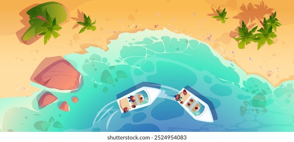 Agua de mar y playa vista superior fondo de dibujos animados. Diseño Aéreas de la isla del océano del verano con los niños en el barco. Hermoso abrigo de arena Fondo de pantalla de vista superior. Abstractas superficie arenosa en la naturaleza de la laguna clara