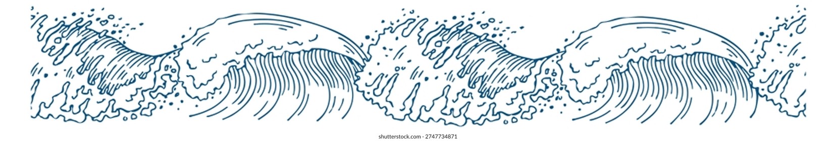 Sea water flow sketch drawing. Seamless waves border