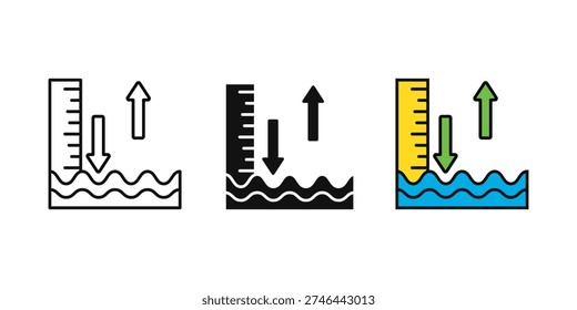 Sea water Level vector icon set. water level. measurement symbol. water level rising indicated by a ruler and upward arrows. Isolated on white background.