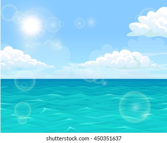 Sea water of the ocean against the blue sky and the sun. Horizontal landscape background of summer mood. Vector illustration.