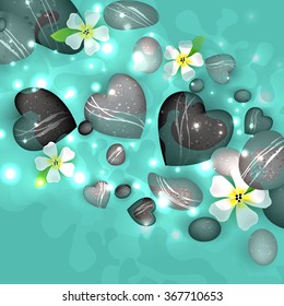 Sea water and pebbles stones with flowers, vector illustration.