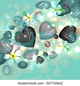 Sea water and pebbles stones with flowers, vector illustration.