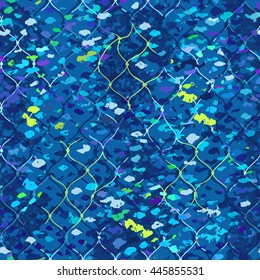 Sea water seamless pattern with fish in fishnet in bright colors. Vector
