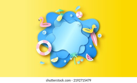 Sea water splash decorated with beach equipment. Summer vacation. Summer time. paper cut and craft style. vector, illustration.
