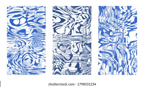 Sea water surface, artistic abstract background set. Vertical blue rippled water surface, illusion, curvature. Liquid paint on canvas