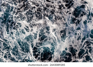 Sea water surface background. Aerial view of vibrant foamy water. Can be used in covers, packaging, posters, textures, presentations, art and design projects. Breathtaking vector illustration.