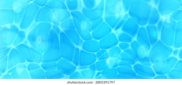 Sea water surface background with bokeh light reflection and ripple waves. Deep ocean underwater or pool with transparent caustic sunlight texture. Summer vacation backdrop. Realistic top view vector
